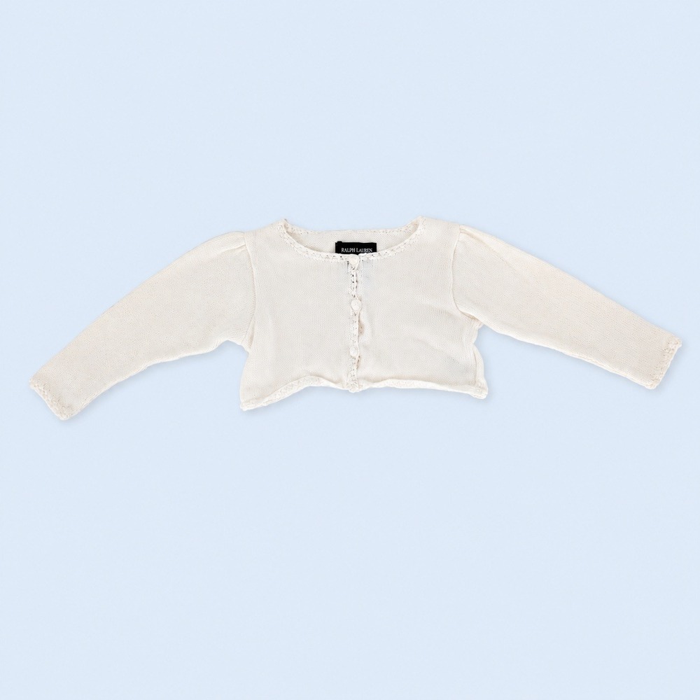 Ralph Lauren Shrug Cardigan Baby Girl 9M White 100% Cotton Crop Bolero Sweater